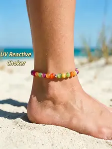 Dopamine Anklet, Rainbow Beaded Anklet, Sun UV Reactive Anklet, 8mm Resin Beads, Color Changing Anklet, Bohemian Style Summer Jewelry