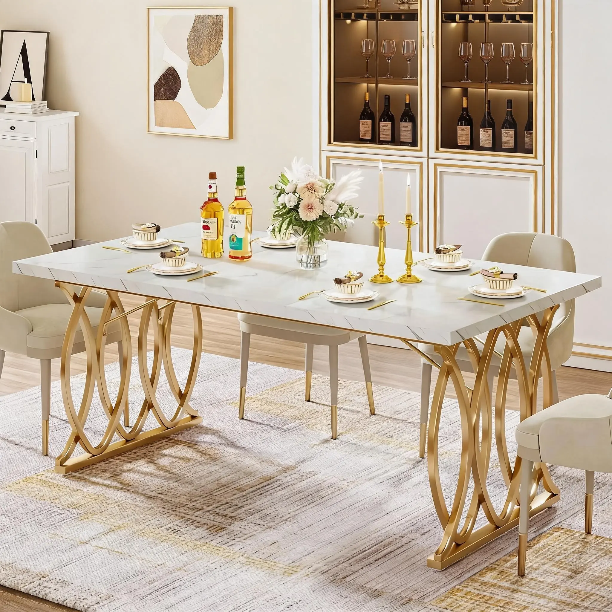 63 Inch Rectangular White Faux Marble Dining Table, Modern Luxury Dinner Table with Gold Geometric Steel Frame, Wear-Resistant MDF Tabletop,  4-6 Seats Kitchen Breakfast Nook Furniture for Household Family Gatherings, 4-6 Persons, 63X31.5"