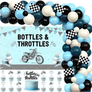 Jollyboom Bottles and Throttles Baby Shower Decorations, Backdrop and Balloon Garland Kit – Racing Theme Decorations for Boy Baby Shower Backdrop Cake Toppers Balloons for Photo-Ready Party Moments