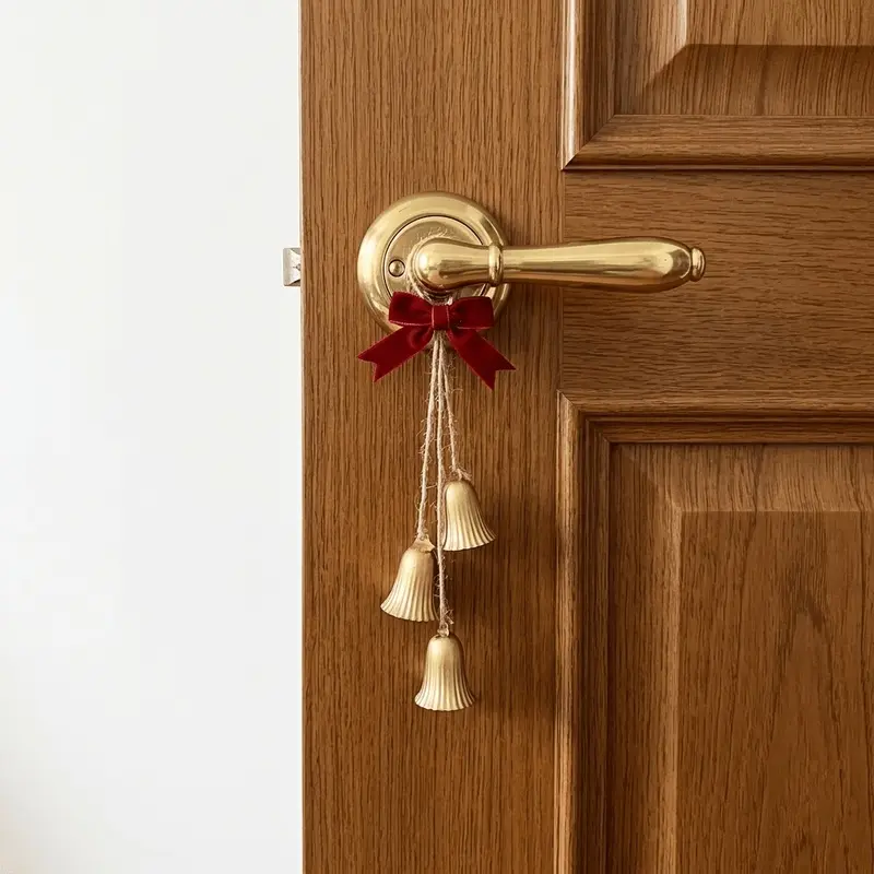 Three bell Christmas bell decoration, golden trumpet wind chime with red ribbon, holiday home wall, window, porch decoration, lucky metal bull bell set