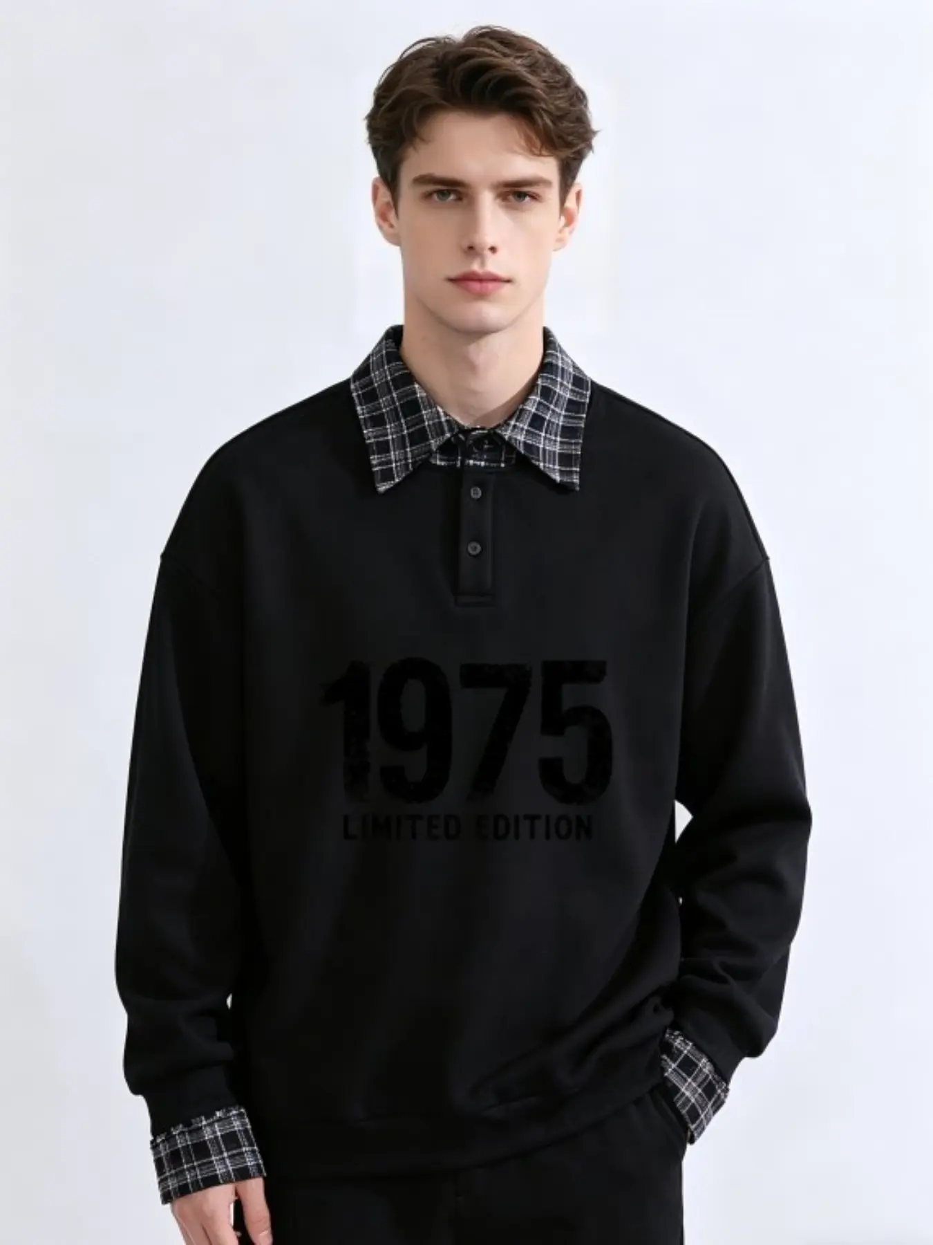Men's Fake Two-Piece Plaid Collar Polo Sweatshirt, 1975 Limited Edition Print, Loose Long Sleeve Streetwear Top