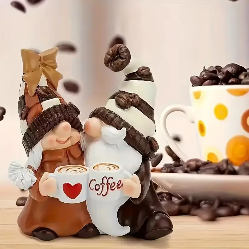 Romantic Gnome Coffee Couple Embrace Figurines, Handcrafted Love Decor, Indoor Home & Kitchen Display, Festive Gifts for All Seasons