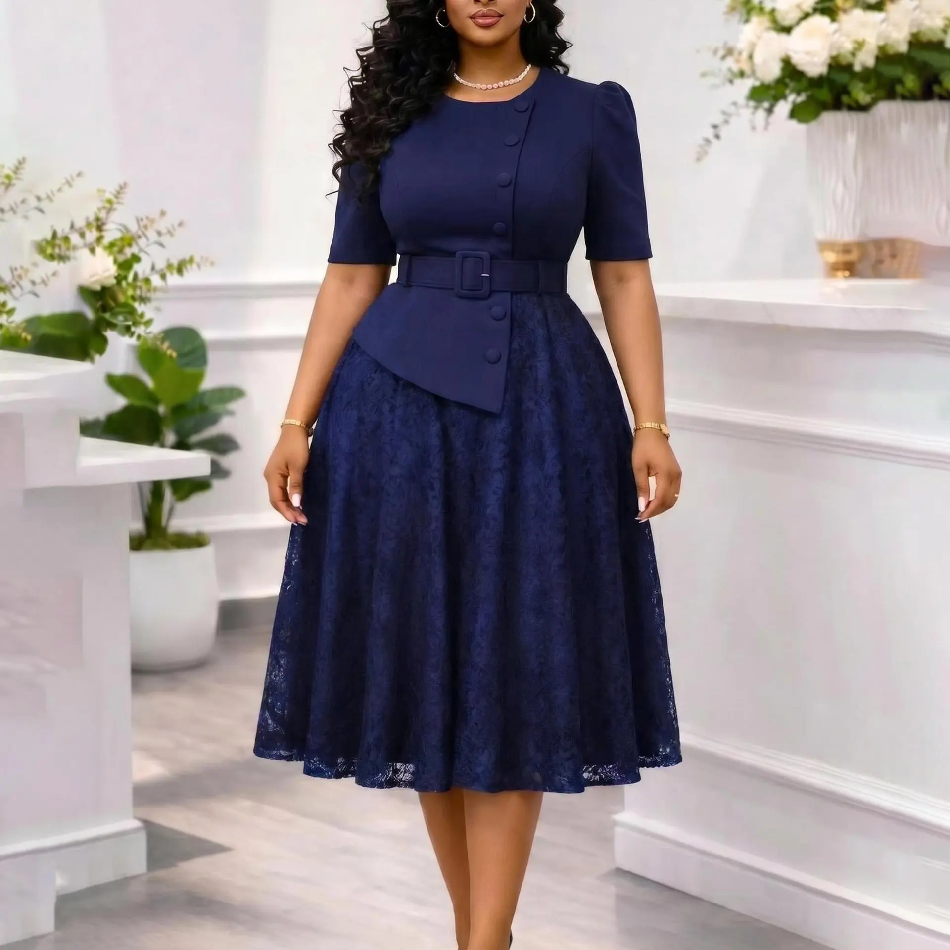 Women's Plus-Size Elegant High-Waist 2-Piece Fake Formal Business Dress - Lace Sleeves, Round Neck, Office Workwear Attire, Two-Piece Fake
