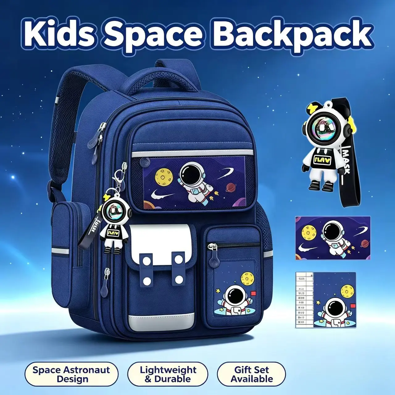Cartoon Astronaut Backpack - Large Capacity, Adjustable Straps, Tablet Pocket, Ideal School & Commuting, Navy Blue with Colorful Space Design, Backpack School