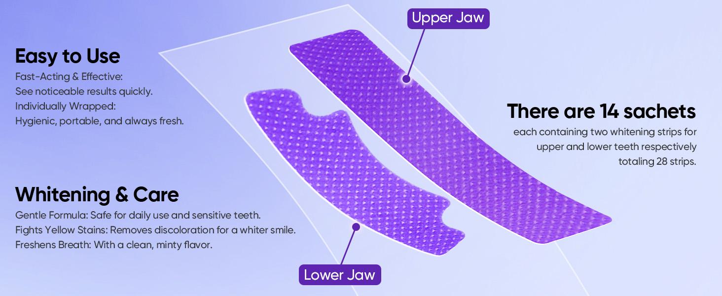 Purple Gentle Whitening Strips, 14 Pairs/28Pcs Tooth Stain Treatment Caused by Coffee, Safe for Enamel - Non Sensitive Teeth, Combining Whitening & Colour Correction, Whitening Sessions - Peroxide-Free Long-Lasting Gel Daily Oral Care Radiant