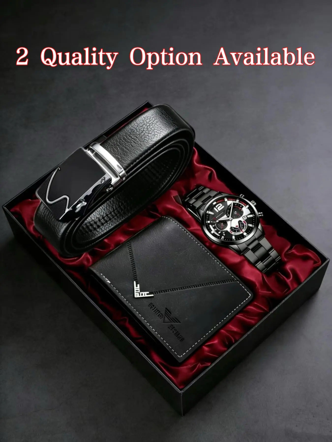Men's Fashion Quartz Watch Accessory Set with Wallet and Belt, High-End Gift Box Included, Perfect for Business Casual Daily Wear