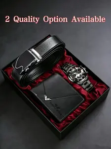 Men's Fashion Quartz Watch Accessory Set with Wallet and Belt, High-End Gift Box Included, Perfect for Business Casual Daily Wear