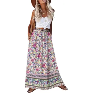 Women's 2026 Boho Floral Skirt Casual Elastic High Waist Maxi Skirts Flowy A Line Beach Long Skirt with Side Pockets