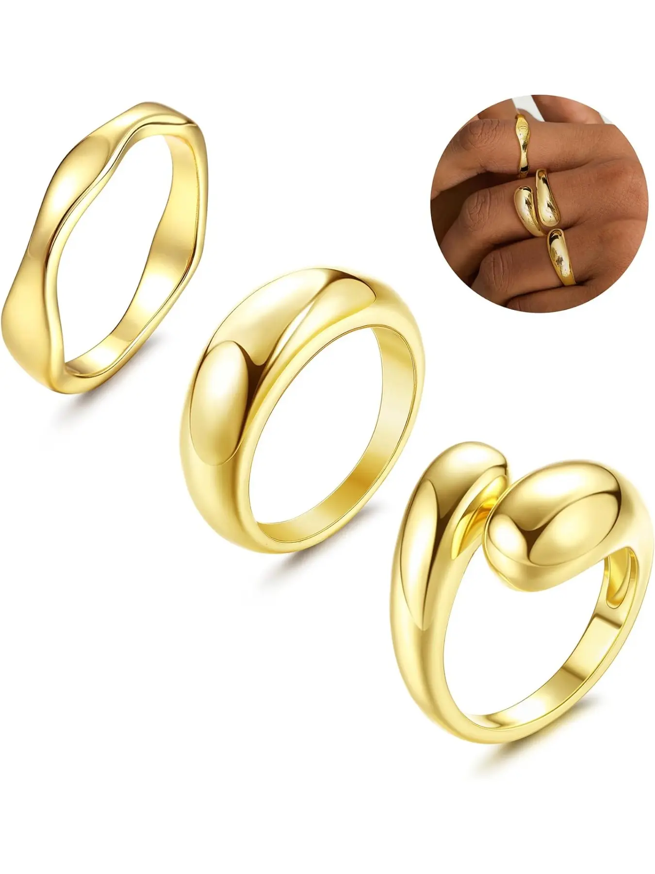 3PCS Gold Rings Set,14K Gold Plated Ring Set, Stackable Ring Gold For Women Men,Open Statement Ring, Fashion Ring, Adjustable Thumb Pinky Ring, Chunky Rings for Gift,Comfort Fit Size 6 to 9