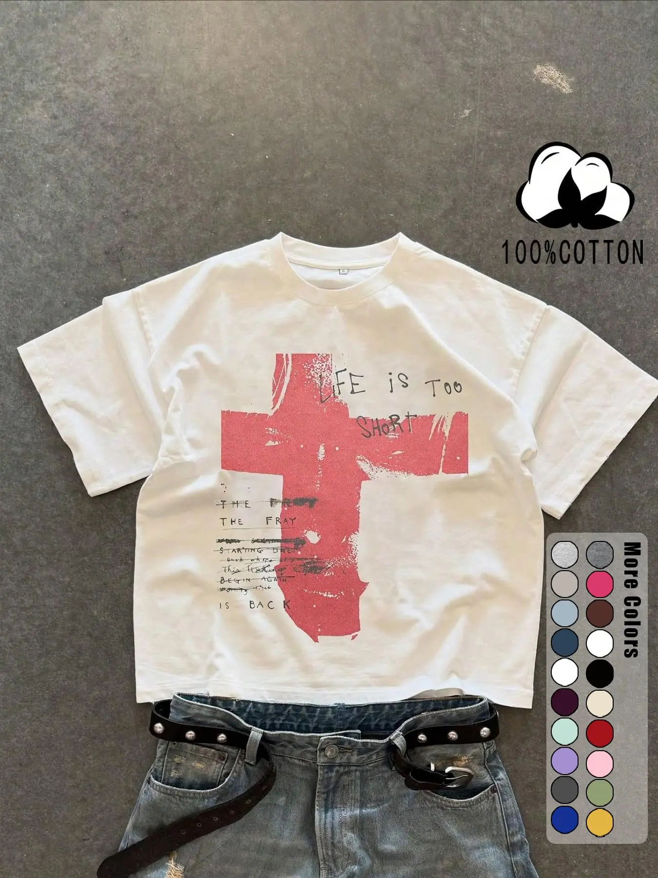 Unisex 100% Cotton Short Sleeve T-Shirt, Cross Graffiti Print, Y2K Dark Gothic Street Style, Casual Daily Wear, Loose-Fitting, Long Length