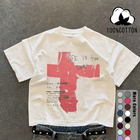 Unisex 100% Cotton Short Sleeve T-Shirt, Cross Graffiti Print, Y2K Dark Gothic Street Style, Streetwear, Casual Daily Wear, Loose-Fitting, Long Length, Aesthetic, Crew Neck Casual