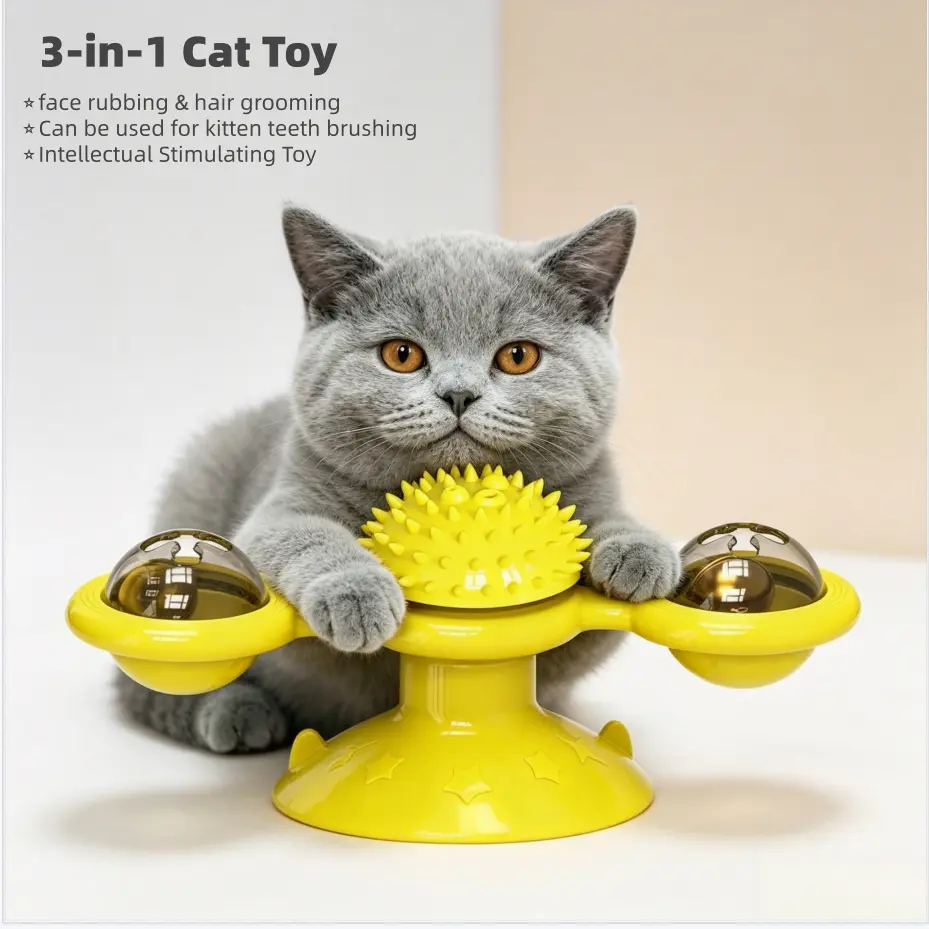3-in-1 Light Up Rotating Windmill Cat Toy, Interactive Cat Face Scratcher Hair Grooming Brush, Dental Teeth Grinding Chew Toy, IQ Mental Stimulation Enrichment Kitten Toy with Suction Cup Base