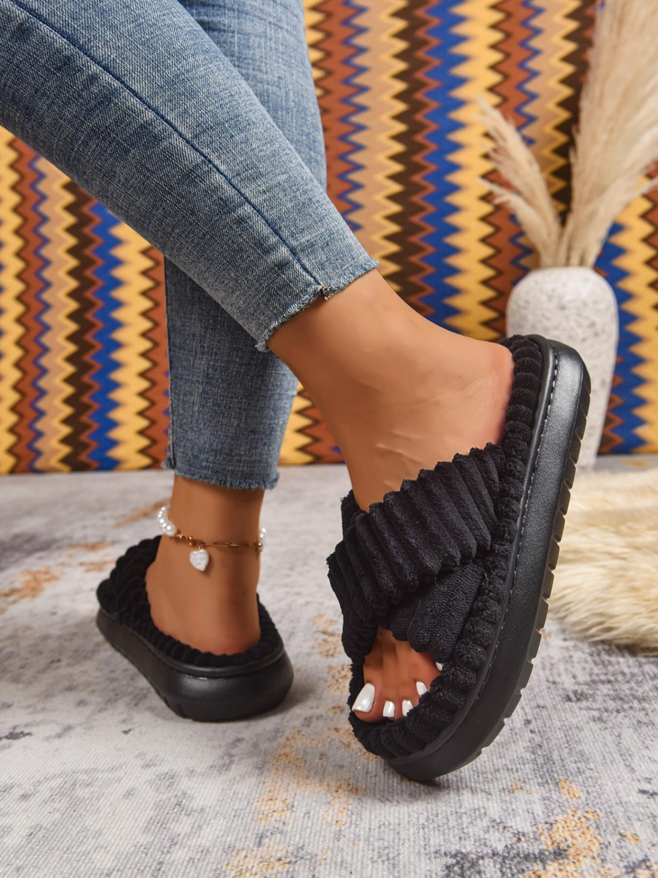 New Large Size 36-45 Casual Fashion Cross Strap Women's Comfortable Warm Thick Sole Slippers, Stylish Home Shoes for Fall & Winter, Cozy Bedroom Slippers