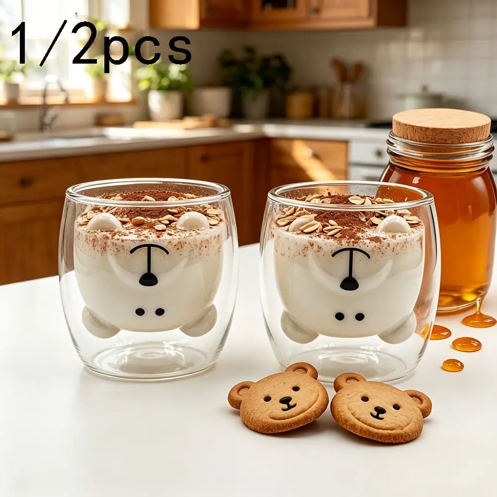 Cute Double-Layer Glass Mug, Cartoon Tea Cup, Fun Animal Mug, Aesthetic Milk Cup, Insulated Office Gift, Birthday Present