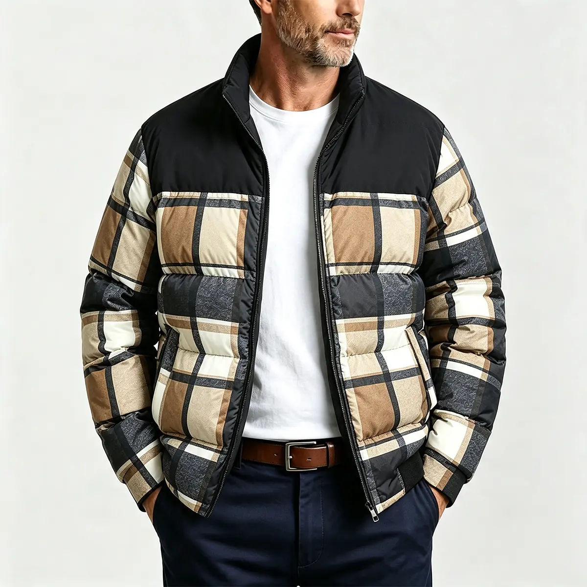 Men's Color Block Plaid Print Stand Collar Foldable Polyester Puffer Jacket - Zip Up Quilted Warm Outerwear, Rib Cuffs Urban Daily Casual Winter Coat