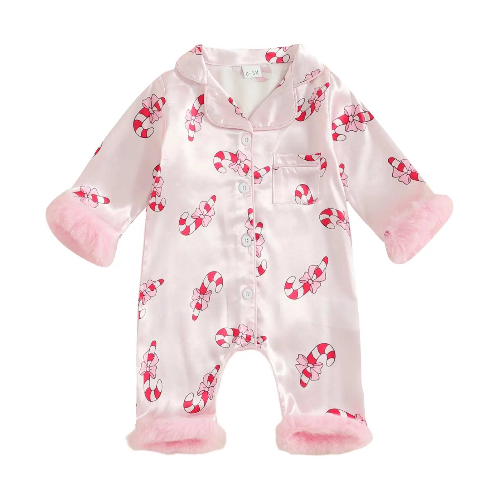 Christmas Pajamas Baby Newborn Girl Candy Cane Print Long Sleeve Romper Button Down Nightgown Cute Sleepwear