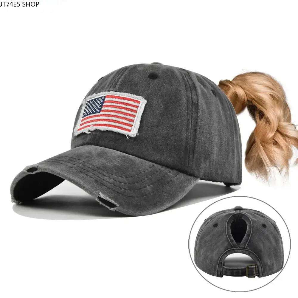 Women’s Patriotic Distressed American Flag Trucker Hat, High Ponytail Hole Mesh Baseball Cap, Adjustable Breathable Patriotic Sun Visor Hat