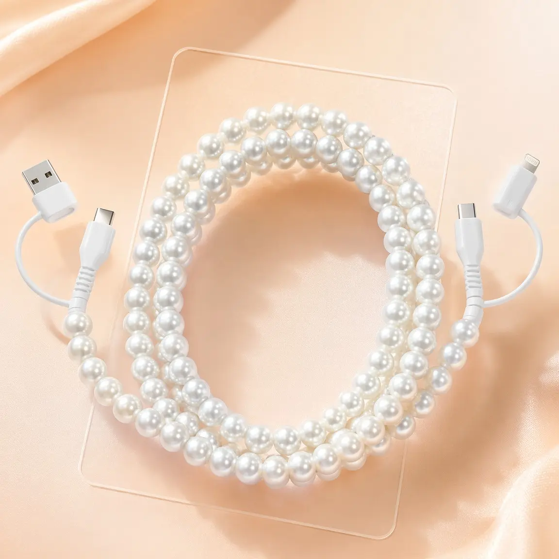 Pearl-Decorated Charging Cable - Compatible with all devices USB-C and Lightning interfaces 4-in-1 data cable, 3.3 feet in length, ideal for women for charging, available in multiple colors, Fast Charging Cables, Holiday gifts, Christmas gifts
