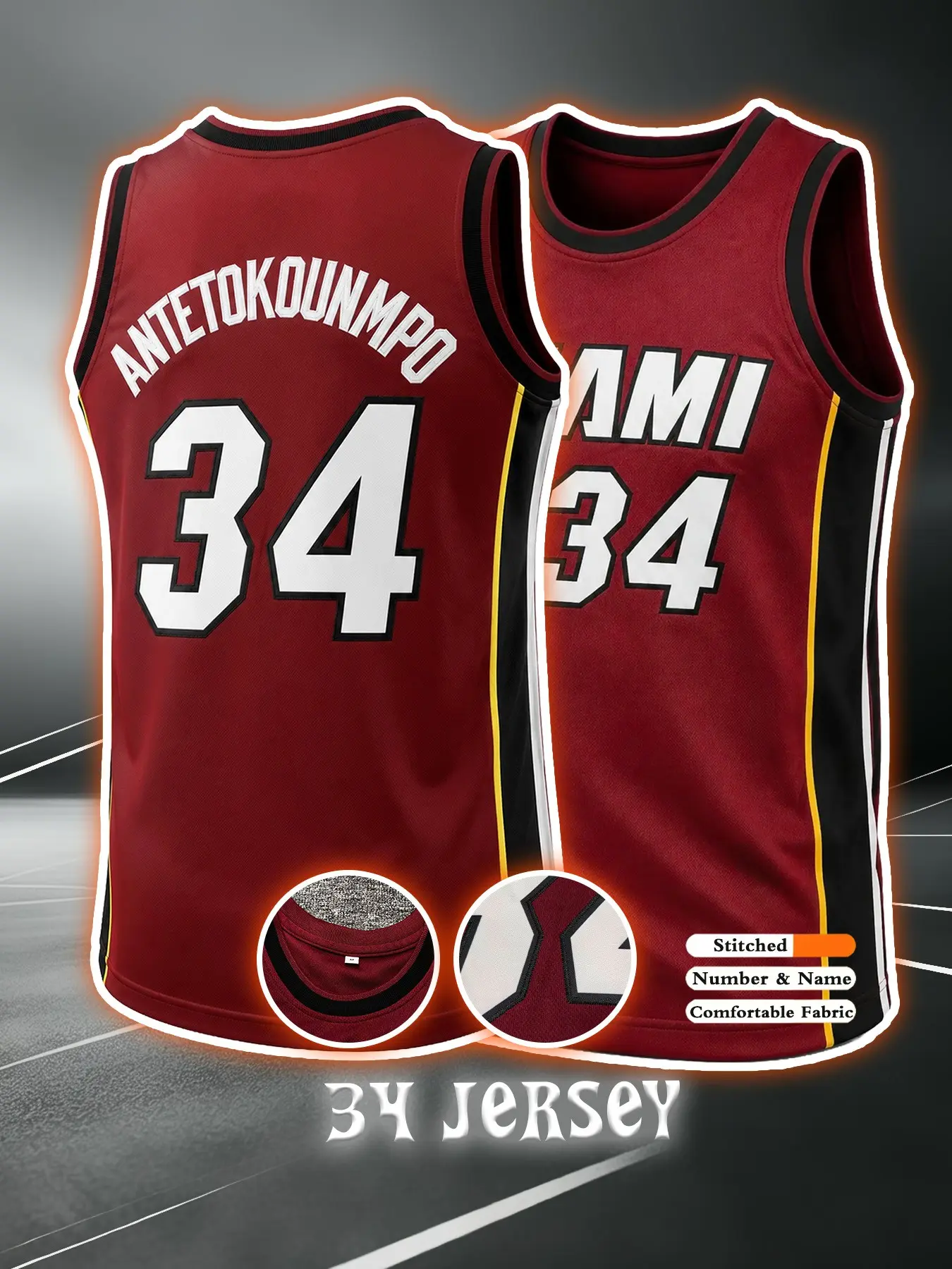 New Miami #34 Letterman Knit Basketball Jersey, Men's Fashion Streetwear, Breathable Basketball Tank Top, Training Wear, All Seasons