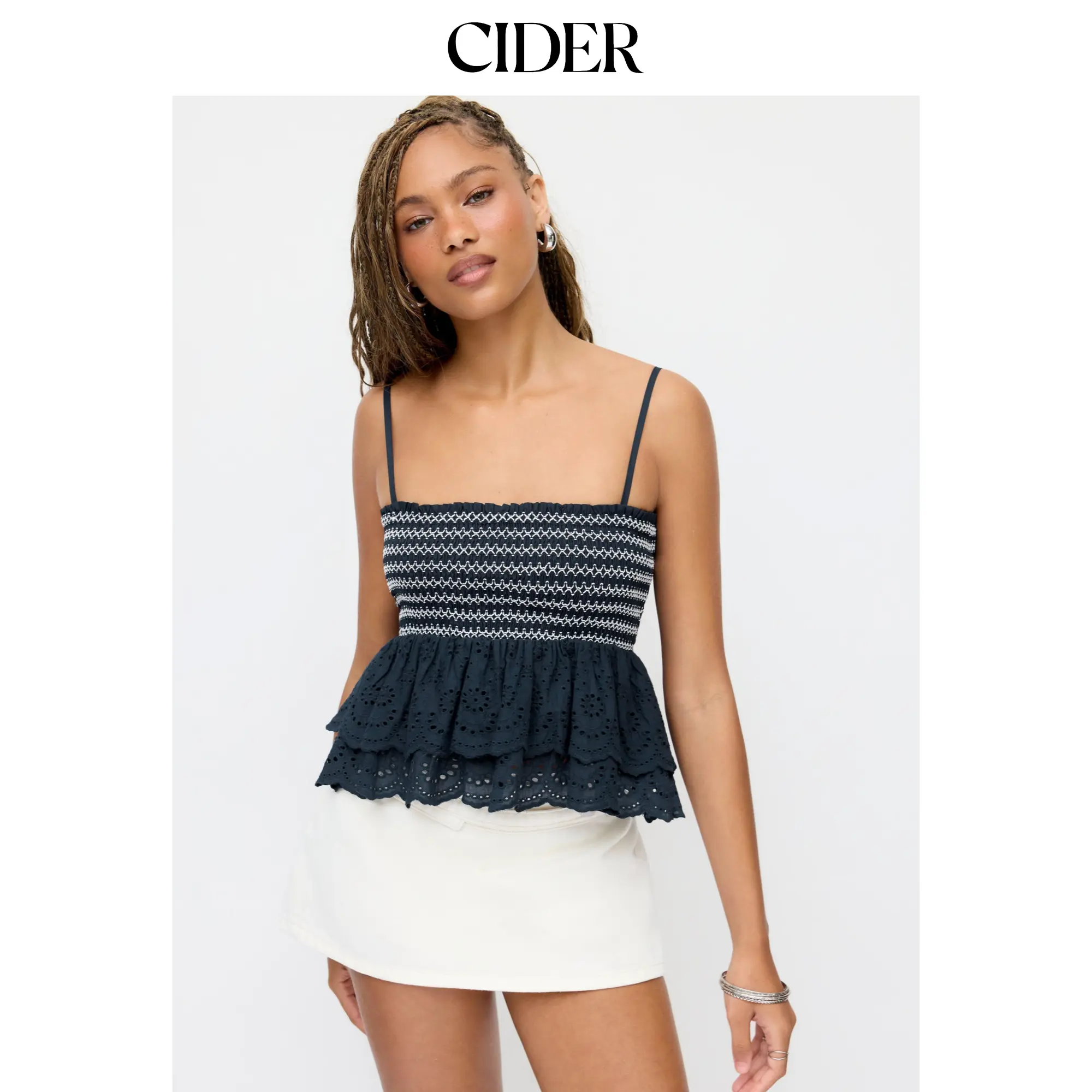 Cider Cotton-blend Broderie Anglaise Shirred Tiered Ruffle Crop Cami Top SummerWins SummerFinds