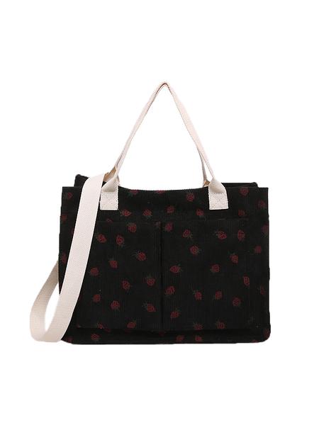 Small fresh strawberry print canvas tote bag for women Strawberry Themed Bag Large capacity multi-pocket shoulder bag Fashionable and versatile student bag Can hold mobile phones and cosmetics to meet the capacity needs of daily commuting and shopping