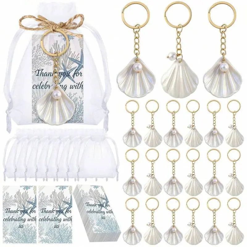 60pcs/20sets Shell Keychain, Baby Shower Party Favors, Wedding Decoration, Beach Party Gifts, Includes Seashell Pendants, Pearls, And Organza Bags, Suitable For Baby Shower, Bridal Shower (White)