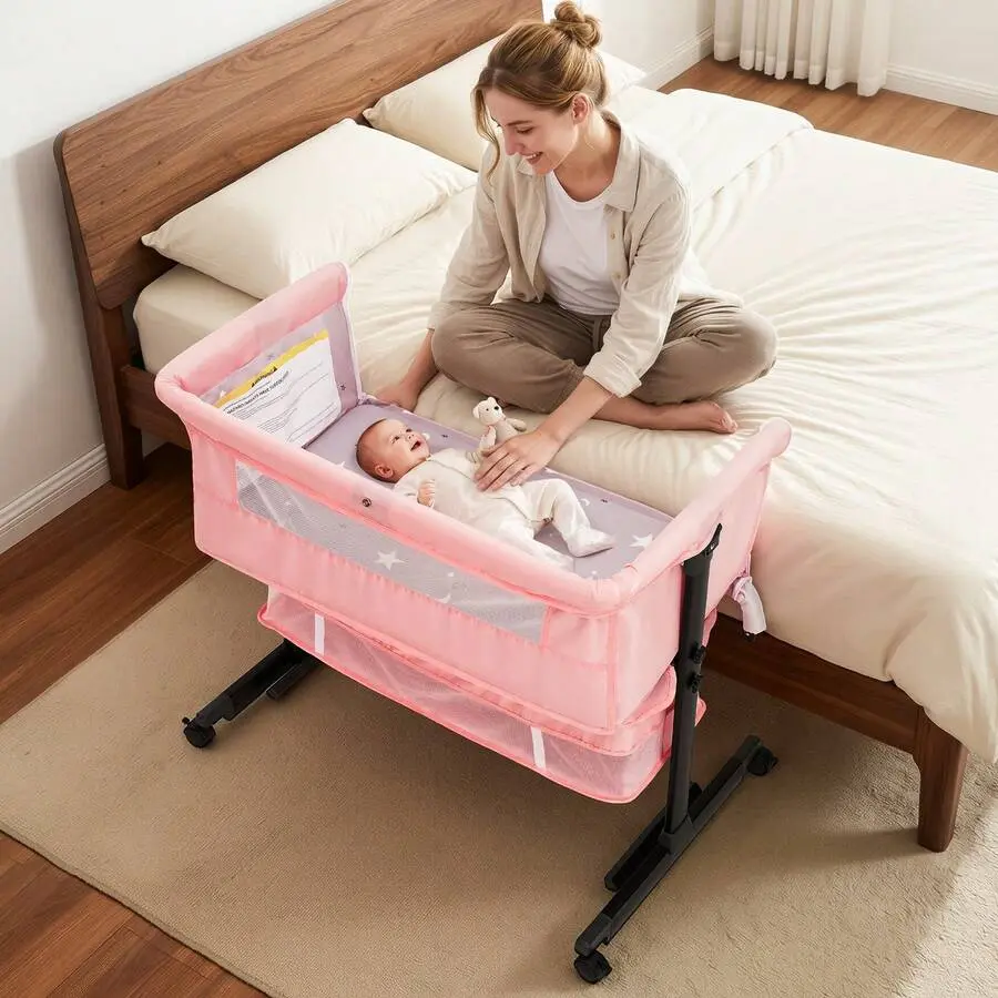 3-in-1 Baby Bassinet Bedside Sleeper - Rocking Crib with Breathable Mesh & Adjustable Height - Foldable Portable Co-Sleeper with Storage Basket