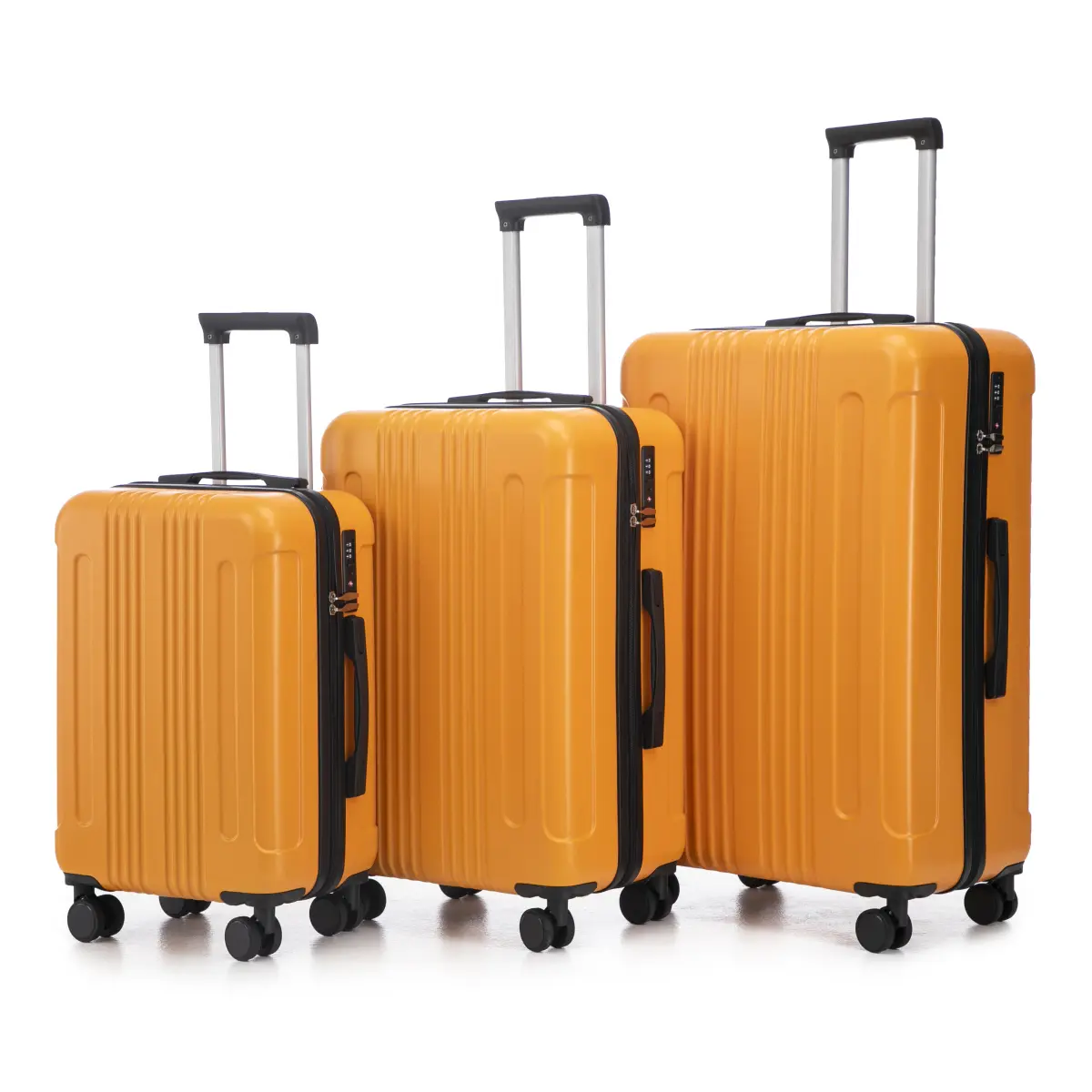 3-Piece ABS Hardside Spinner Luggage Set, Black & Orange Finish, 20/24/28 In Sizes with TSA Lock, 360° Double Wheels, Retractable 3-Step Handle & Side Stand Legs