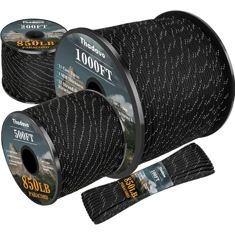 Outdoor sports Reflective Paracord Rope 850Ib, 50/100/200/500/1000ft 4MM 11 Strand para Cords Laard Utility Parachute Cord for Tent Camping Hiking Survival Tactical Clothesline DIY Projects, Black 100FT