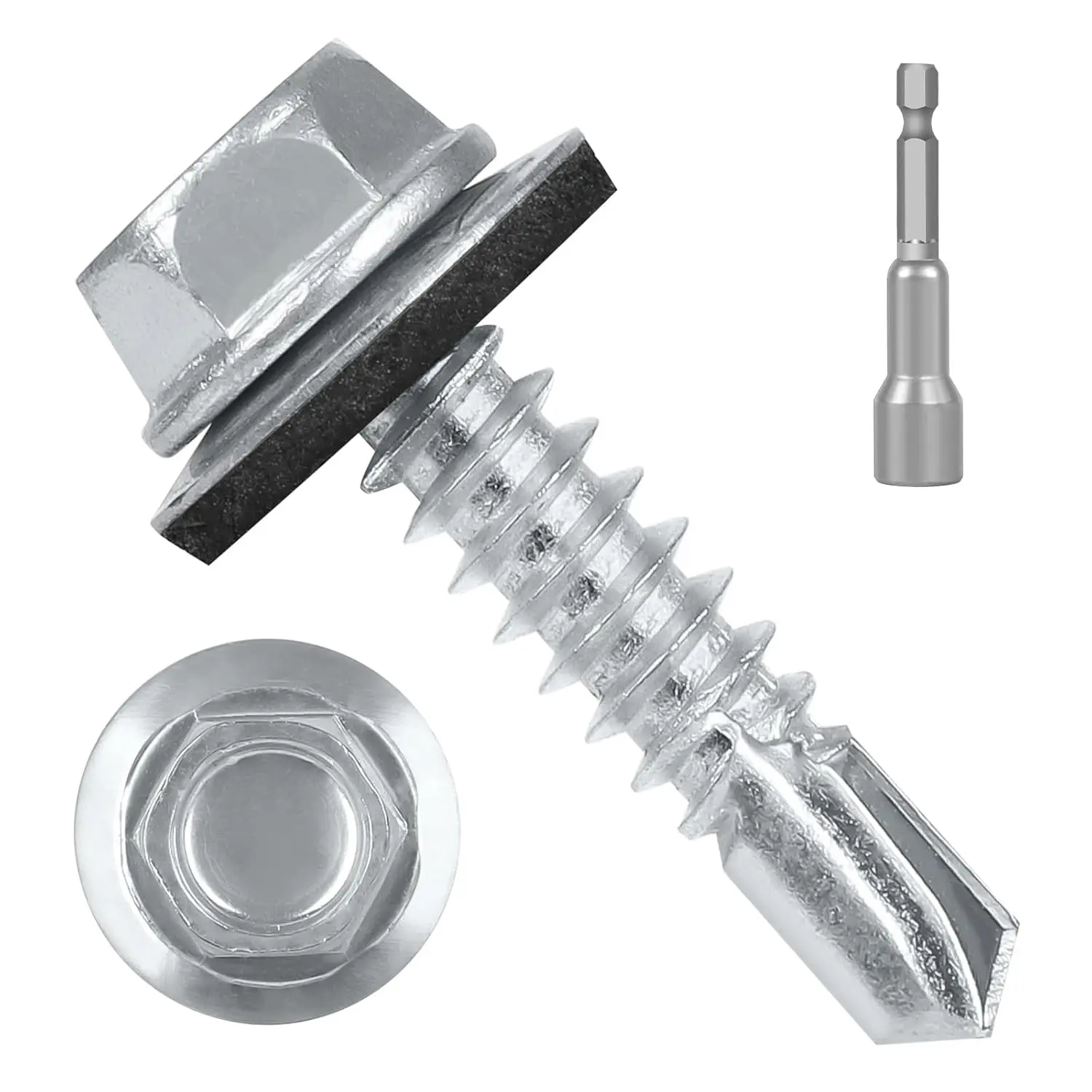 #10 x 3/4" (50 PCS) Metal Roofing Screws with Rubber Washer, Hex Head Self Tapping Screws for Metal, Self Drilling Sheet Metal Screw, Hex Bit Socket Included
