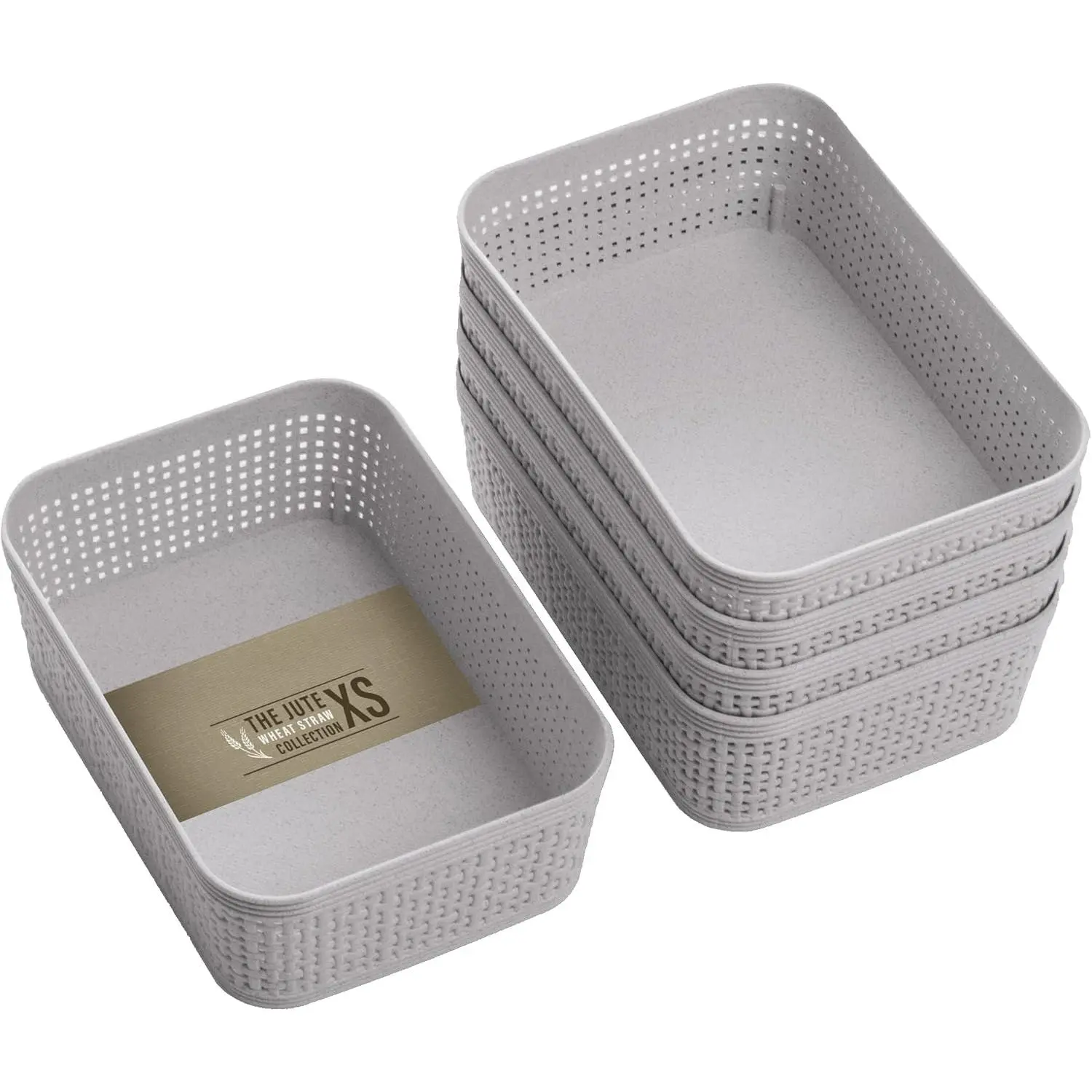 Woven Plastic Basket |   XS (Natural Grey), 5-Pack |   THE JUTE COLLECTION |   Home Organization, Space - Saving Storage, Stylish Design |   Jute Basket |   Plastic Storage Basket