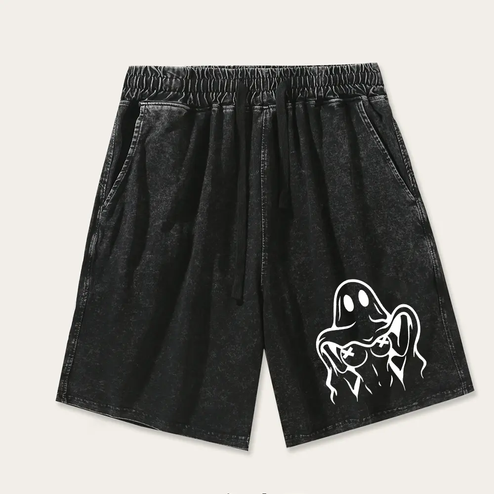 Vintage Acid Wash Heavyweight Sweat Shorts, Retro Funny Ghost Graphic Oversized Streetwear Shorts for Men Women, Casual Comfy Baggy Bottoms