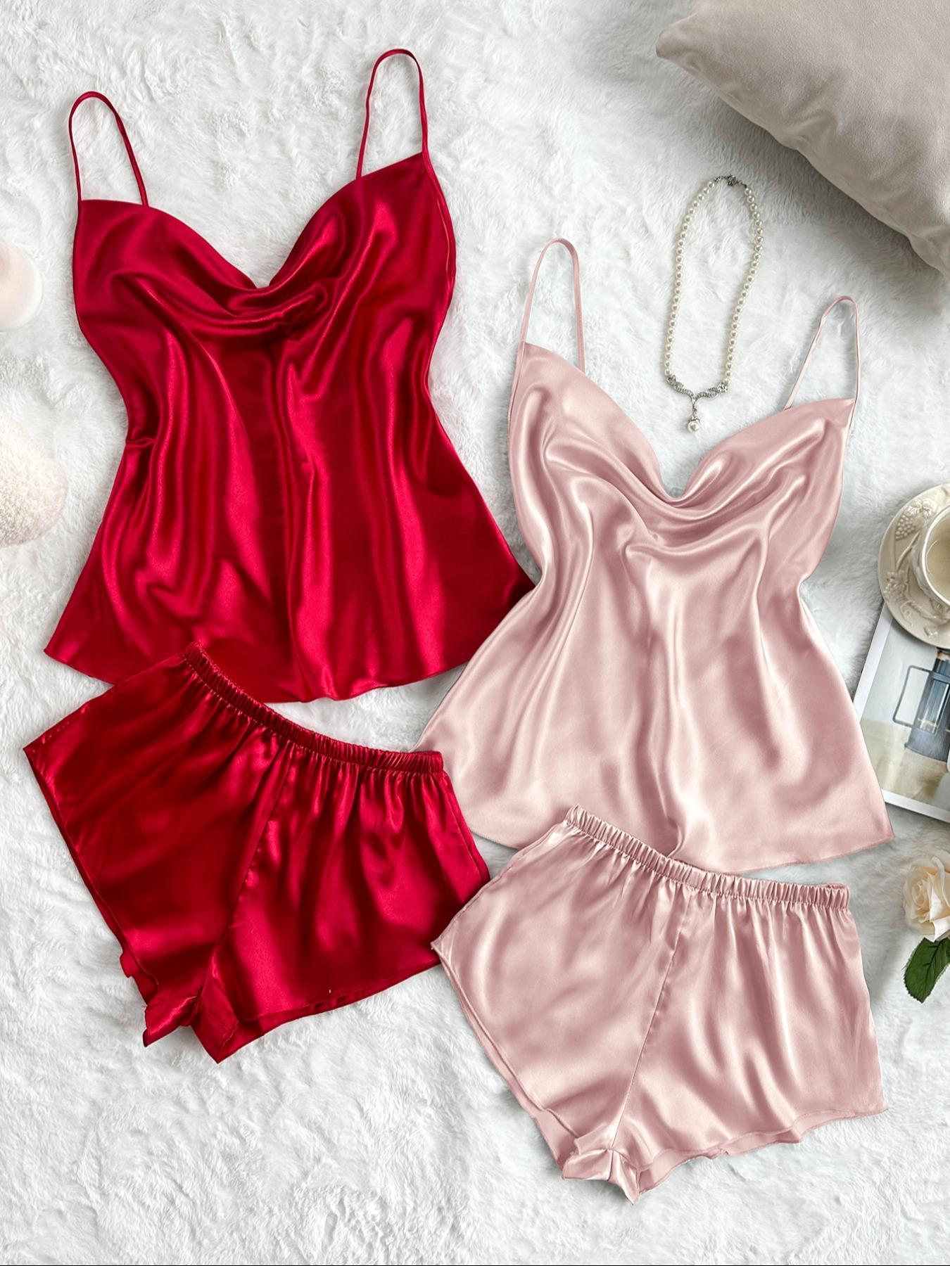 Four-Piece Set Women's Solid Draped Pyjama Set, Casual Spaghetti Strap Cami Top & Shorts, Comfy Loungewear Set for Women Lingerie