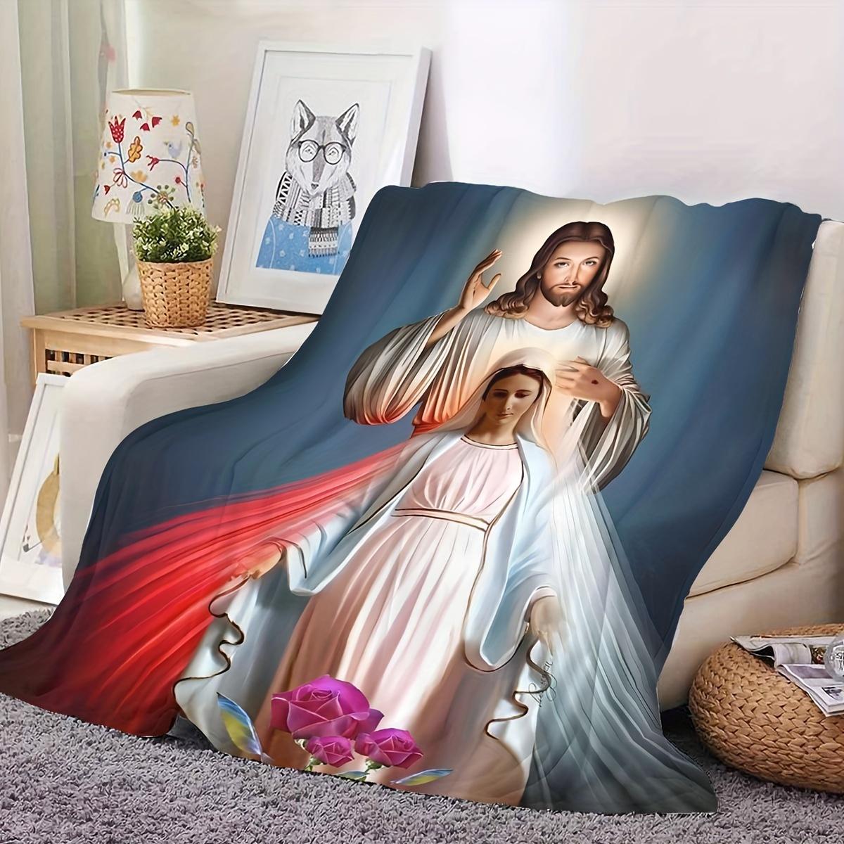 Contemporary Religious Flannel Print Throw Blanket - Machine Washable, All-Season Multi-Color Jesus and Virgin Mary Design, Multipurpose Gift for Faith Believers