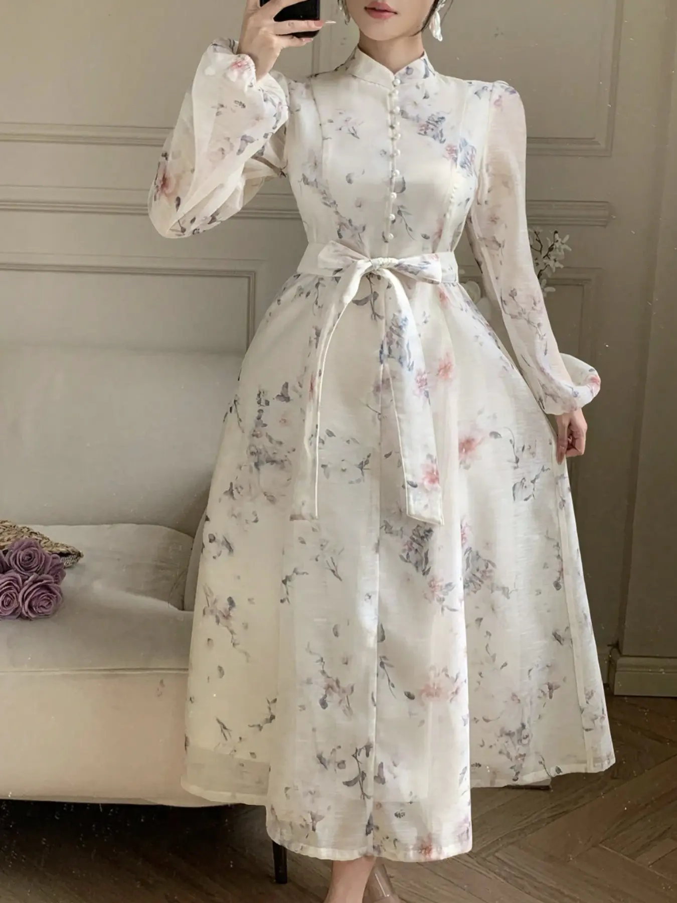 New Traditional Mandarin Collar Floral Dress, Long Sleeve Waist Cinch Tie Belt A-Line Maxi Dress, Gentle National Style Elegant Dress