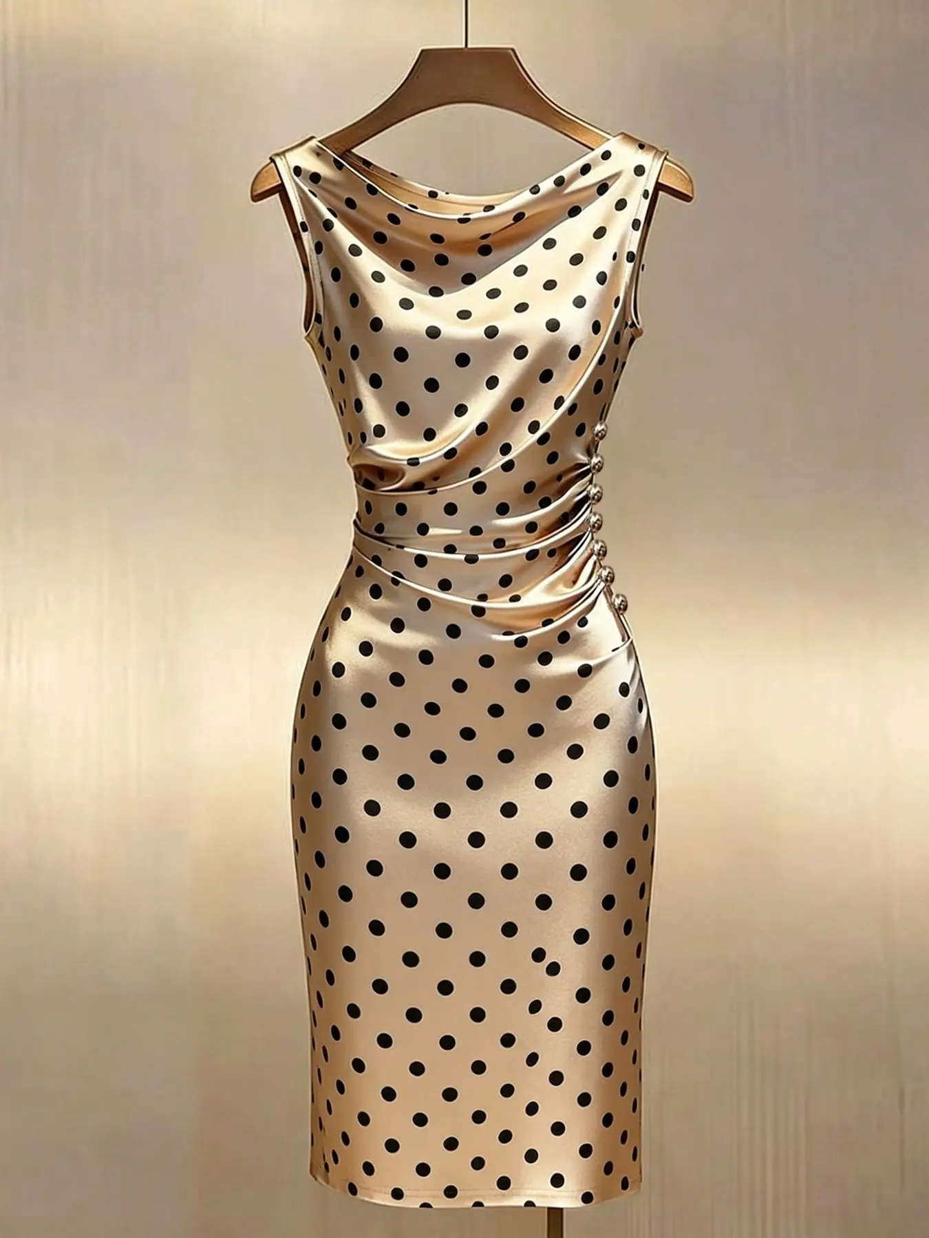 Polka Dot Halter Sleeveless Bodycon Dress, Lightweight Luxury Polka Dot Office Skirt, Vintage Polka Dot, Satin High-End Look, Elegant Office Style, Chic