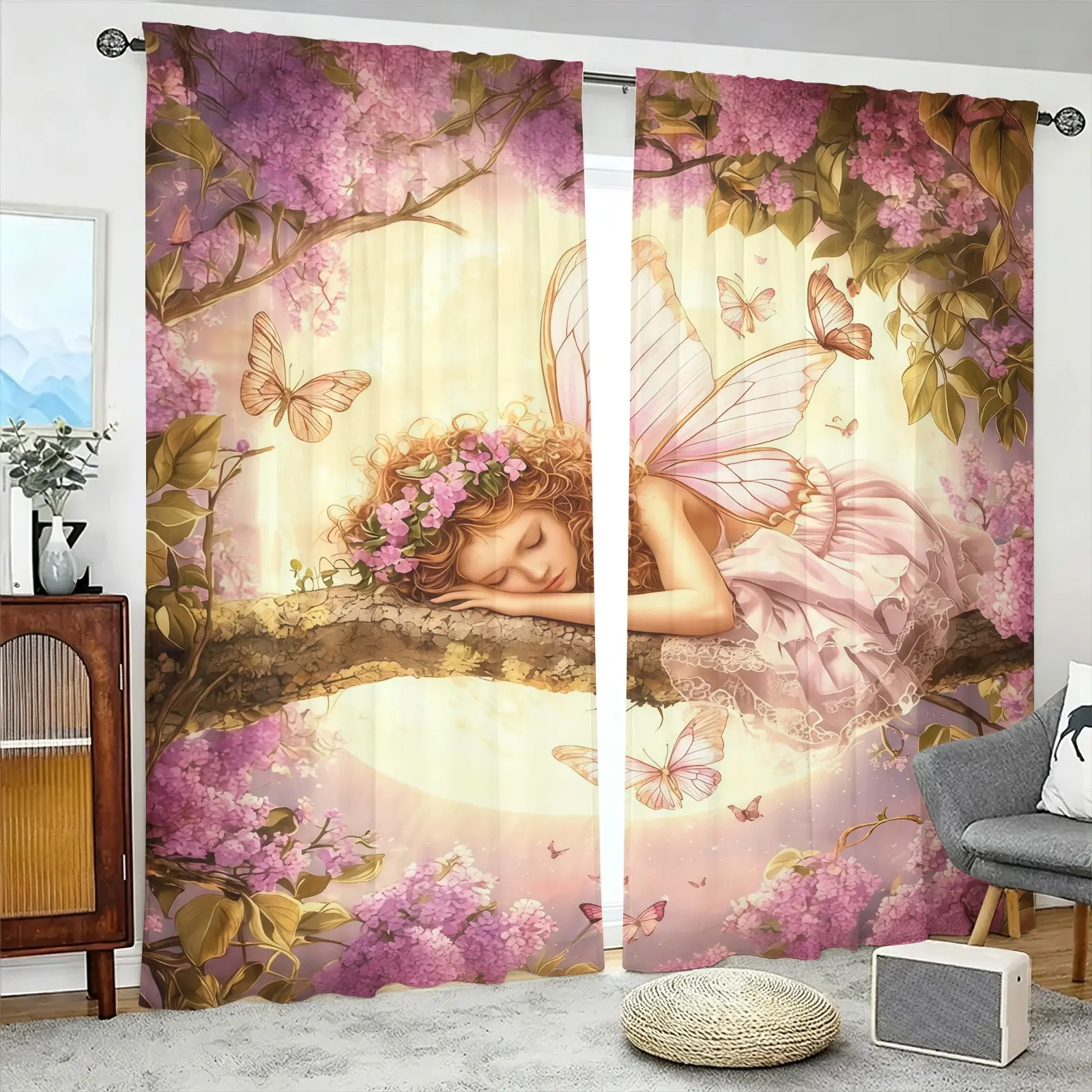 Flower Fairy Print Pattern Ground Cloth Semi Blackout Curtain, Window Curtain, 2-Piece Set, Suitable For Decoration On Fairy Festival, Semi Blackout Soft Light, Suitable For Teenagers And Adults, Bedroom And Living Room Decoration