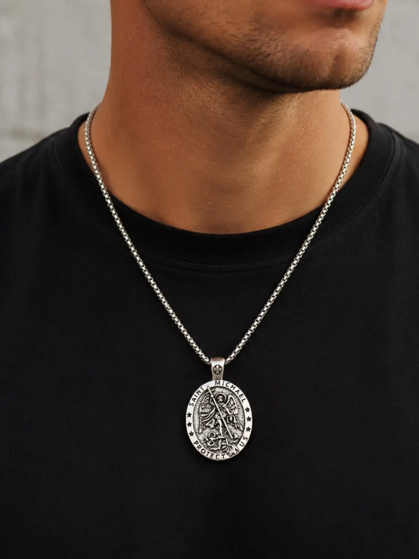 Saint Michael Guardian Angel Pendant Necklace, Relief Archangel Michael Statue, Unisex Vintage Chain, Daily Prayer Protection Jewelry