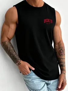 Men's Trendy Vest, New York Theme Letter Print, Casual Slim-Fit Round Neck Sports Fitness Top, Unisex Plain Surface Design