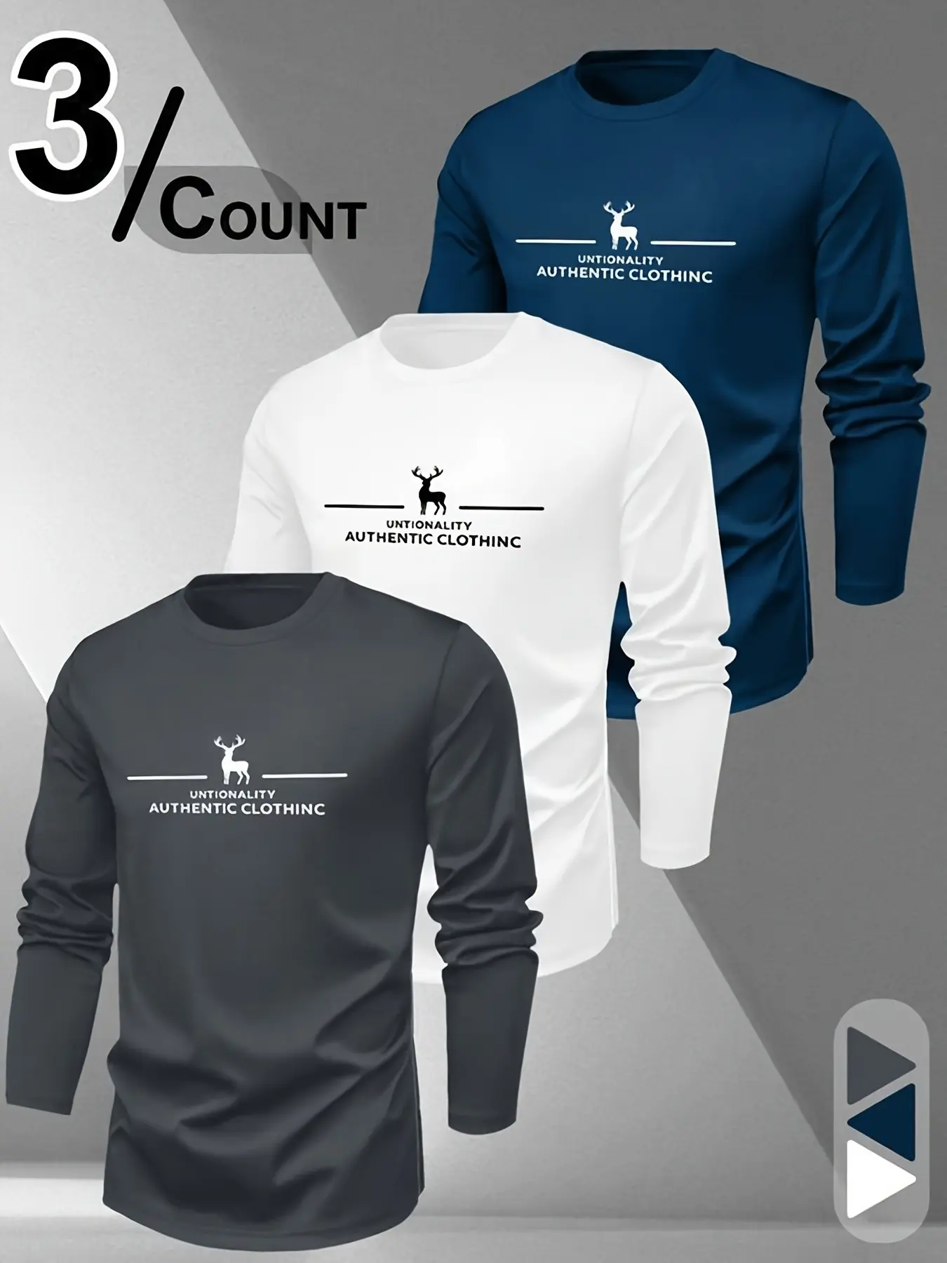 Men's Long Sleeve T-Shirt 3-Pack, Casual Loose-Fit, Quick-Dry Breathable, Round Neck Crewneck, Solid Pattern, Ideal Gift, Comfortable & Dry