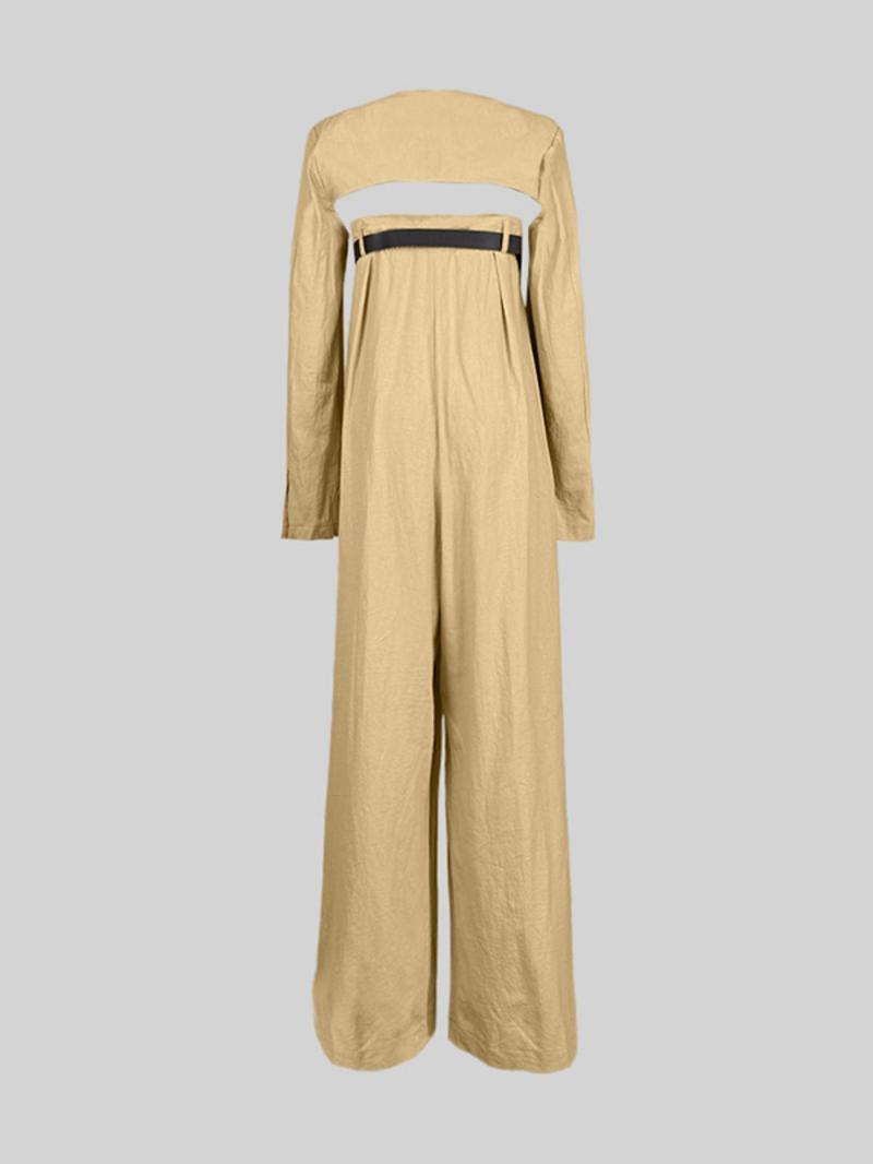 Women's Solid Coat & Jumpsuit with Belt Set, Casual Long Sleeve Coat & Jumpsuit, Ladies Clothes for All Seasons