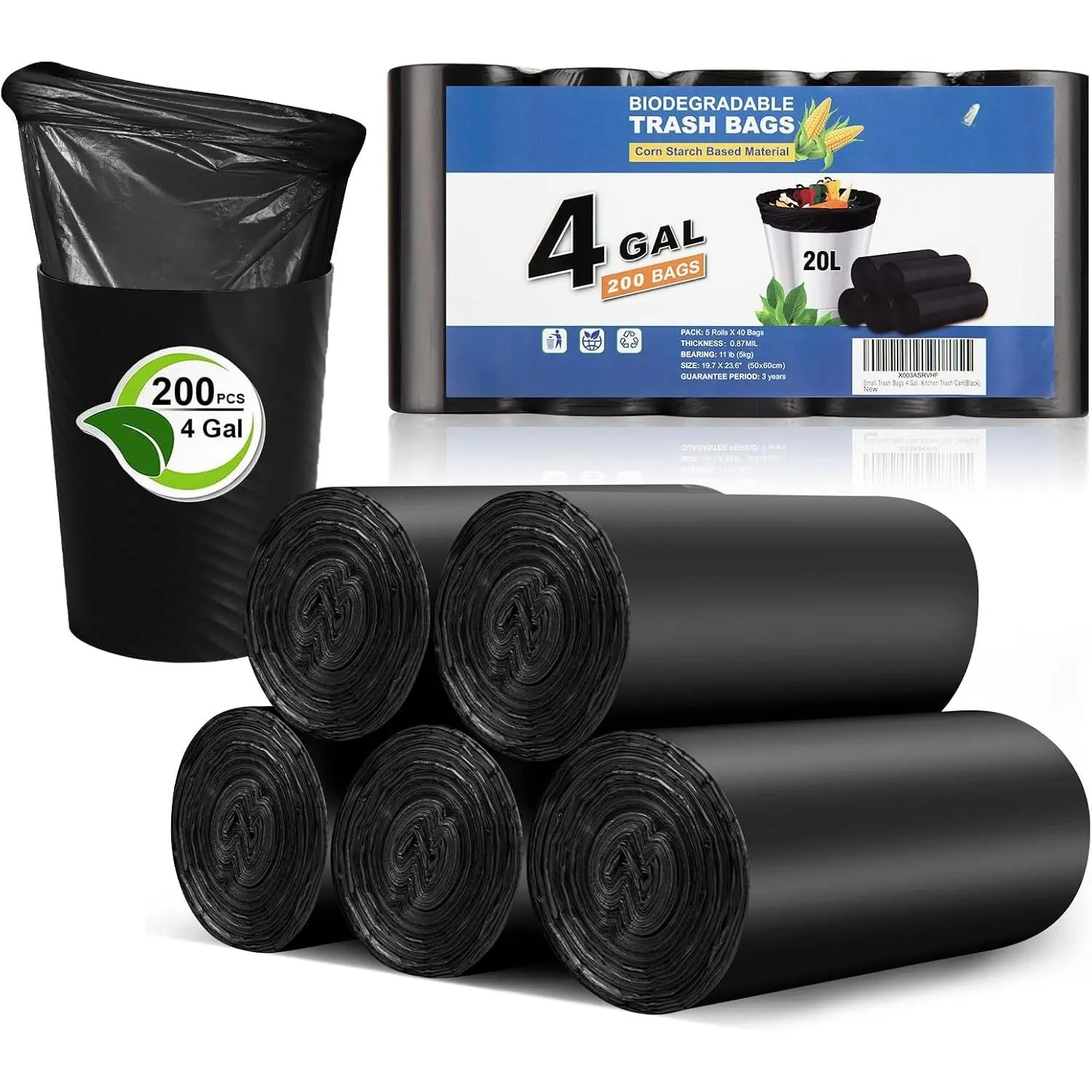 Small Trash Bags 3-5 Gallon,  200 Count Small Bathroom Trash Bags Black,  Small For Garbage, 4 Gallon , Unscented, Size Expanded for Kitchen
