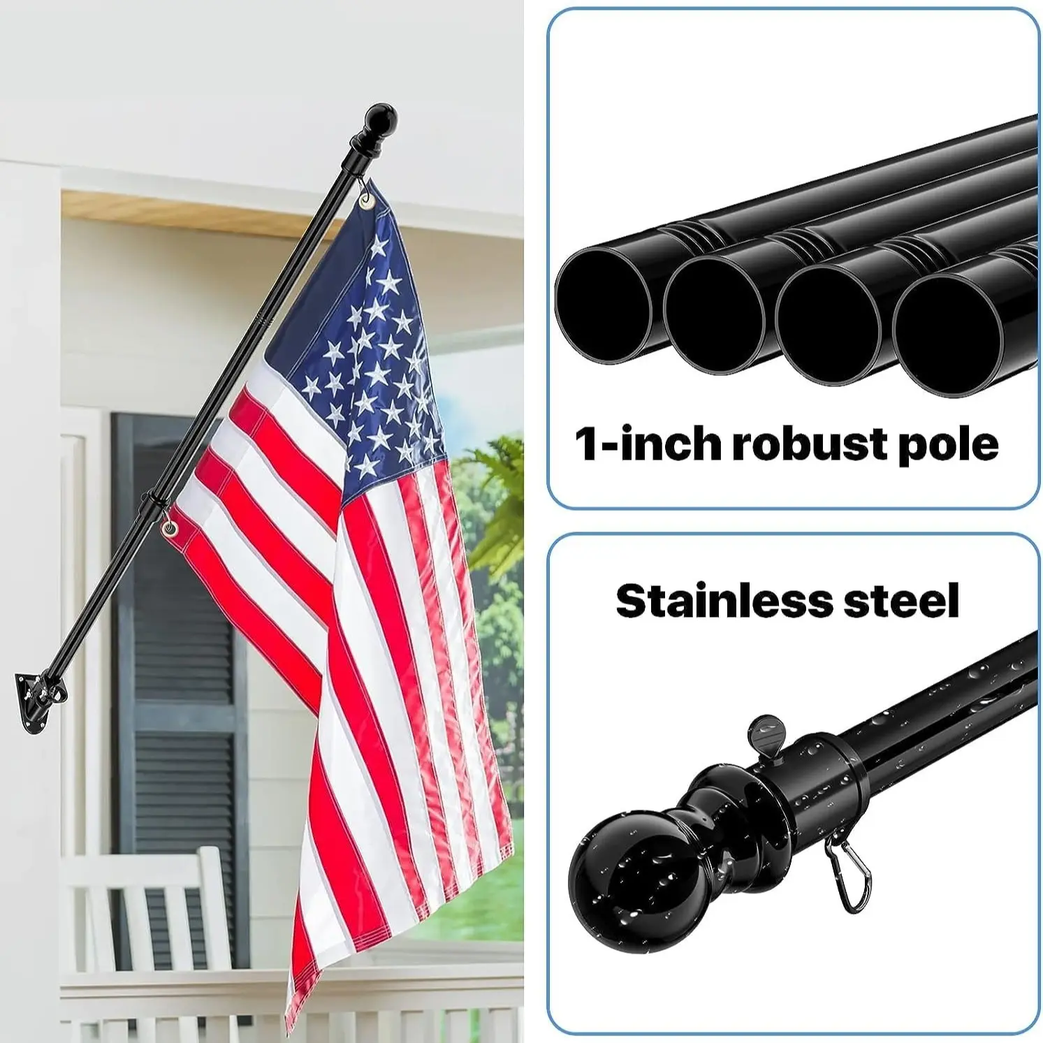 6ft Outdoor Porch Decorative Flagpole Set Weighted Edition + Bracket with 2 Swing Rings, Metal Porch Flagpole and Bracket Christmas Gift