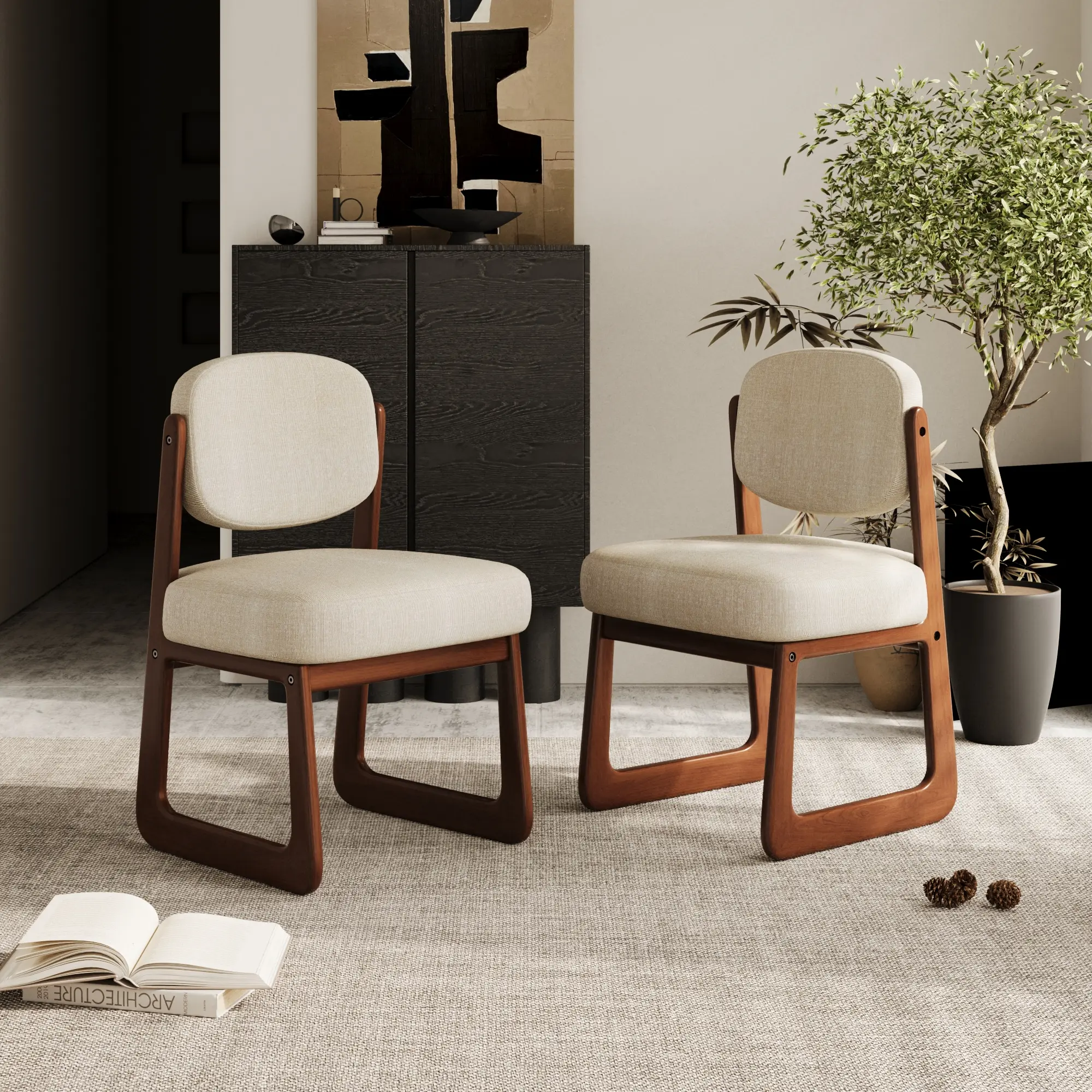 ARCH Walnut Solid Wood Dining Chair with Soft Fabric Upholstered Seat and Ergonomic Backrest, Cream Armchair for Dining Room, Study, Living Room, Lounge, Office, 2-Piece Set, 280lb Capacity, Walnut Color Options, Wood Material, Product Dimensions: