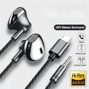 USB Type C Headphone HiFi Bass Stereo Volume Control Mic 3.5mm Wired Earbuds