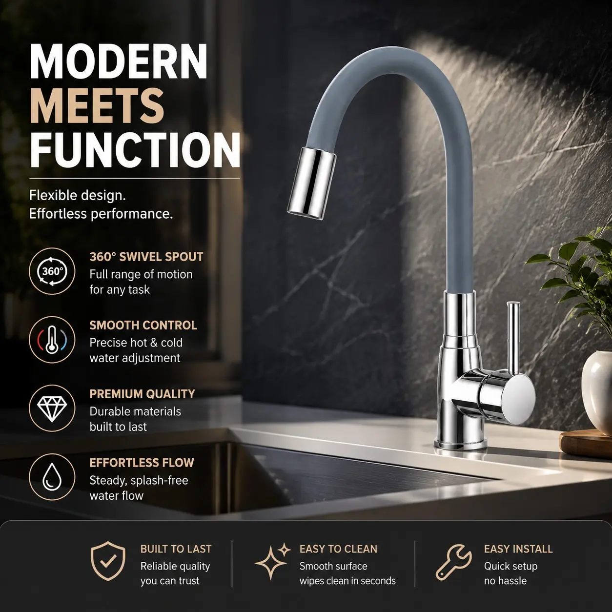 1pc Modern Kitchen Faucet — High Arc Flexible Spout, Smooth Water Flow, Anti-Leak & Long-Lasting for Daily Cooking