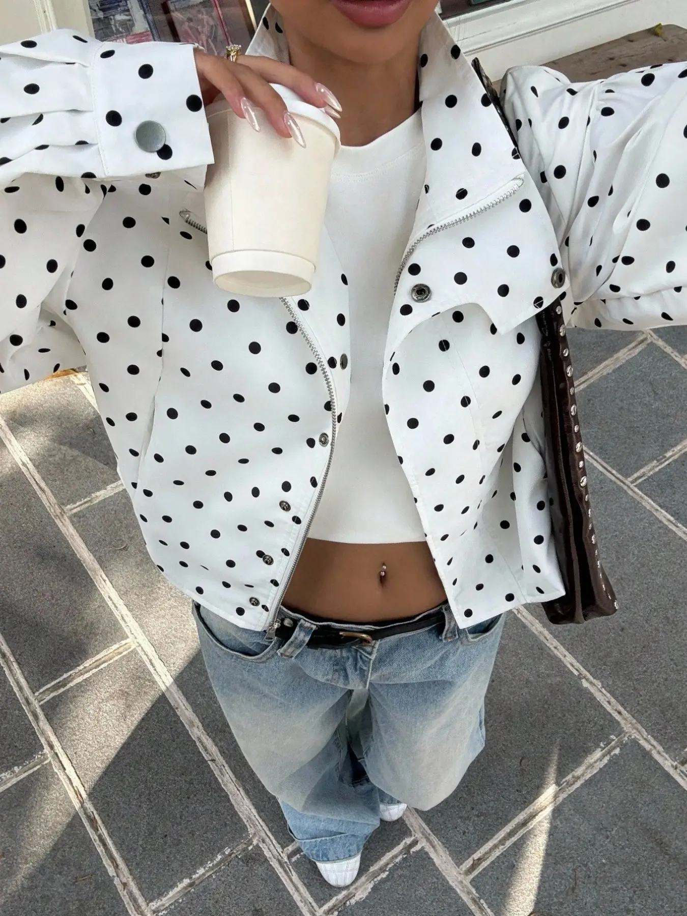 Women's Vintage Polka Dot Stand Collar Long Sleeve Casual Jacket Coats, Loose Fit Drop Shoulder Design, Perfect for Daily Outing, Dates, Parties, Fall Winter