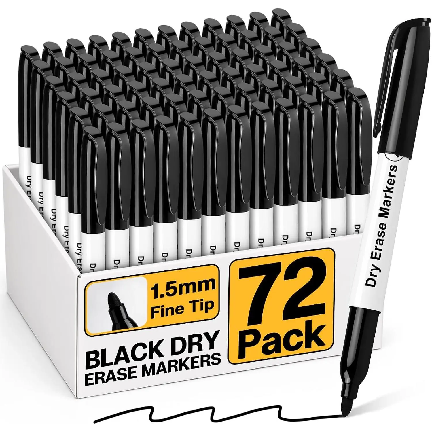 72 Pack Fine Tip Black Dry Erase Markers | Bulk Whiteboard Markers, , Easy Clean, Erasable, School Classroom, Office Supplies