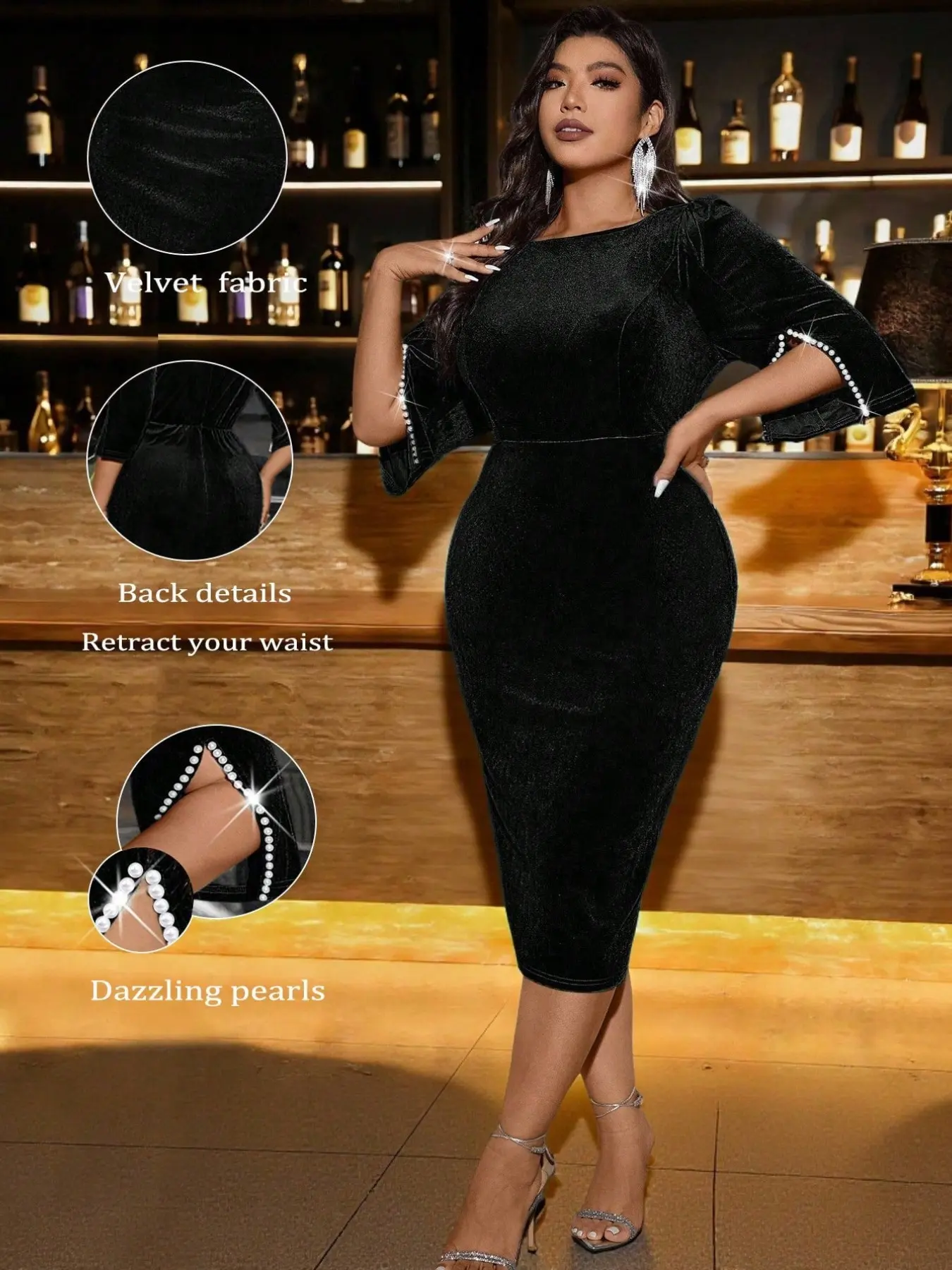 Plus Size Velvet Bodycon Midi Party Dress Formal Wear, Pearl Trim Bell Sleeve Back Split, Elegant Elegance Luxury Evening Formal Gown for Women