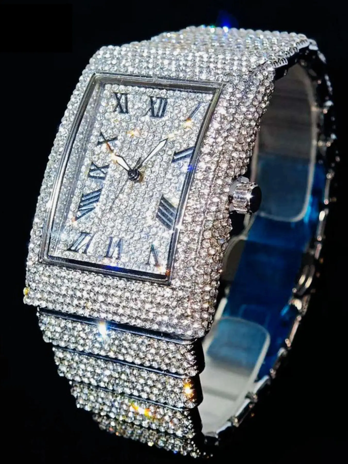 Men's Quartz Watch, Hip-Hop Style, Full Diamond Design, Shiny Rectangular Shape, Fashionable Timepiece for Men
